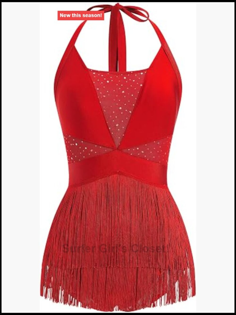 Halter Fringe Bodysuit Open Back Glitter Mesh Salsa Latin Dance Dress